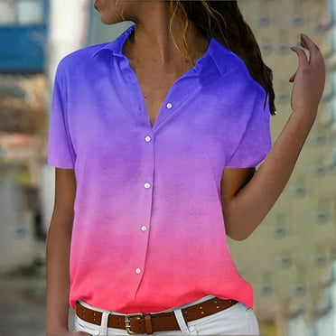 Sakmal Spring Tops for Women 2024 Short Sleeve Pink Gradient V-Neck Button-Up Shirts Womens Shirts
