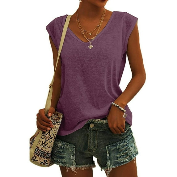 Sakmal Spring Tops for Women 2024 Short Sleeve Solid V-Neck T-Shirts Shirts for Women