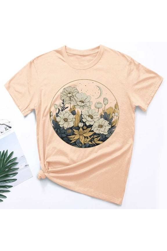 Spring Tops for Women 2024 Yellow Short Sleeve Flower Graphic Crew Neck T-Shirts Plus Size Ladies Shirts