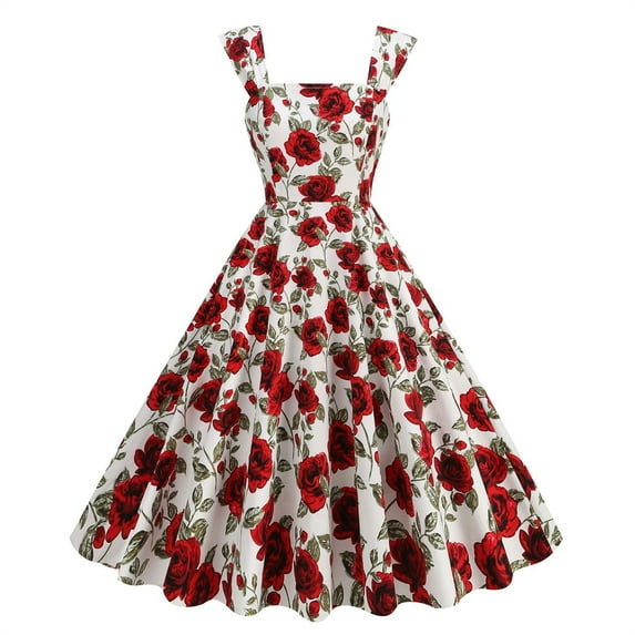 Sakmal Square Neckline Plus Size Summer Dresses Mid-Length Red Pleated Sleeveless Floral Vintage Evening Gown A-Line Dress