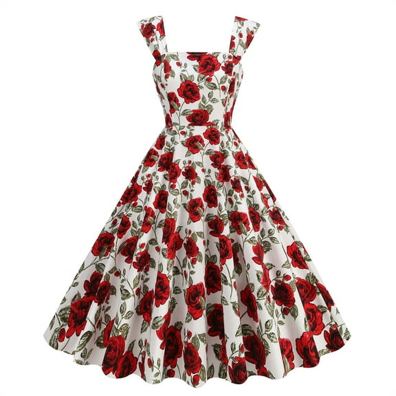 Sakmal Square Neckline Plus Size Summer Dresses Mid-Length Red Pleated Sleeveless Floral Vintage Evening Gown A-Line Dress