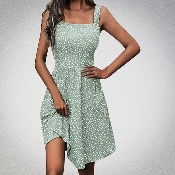Sakmal Square Neckline Spring Dresses Sleeveless Sundress Midi Green Dresses ,Sizes S-2XL