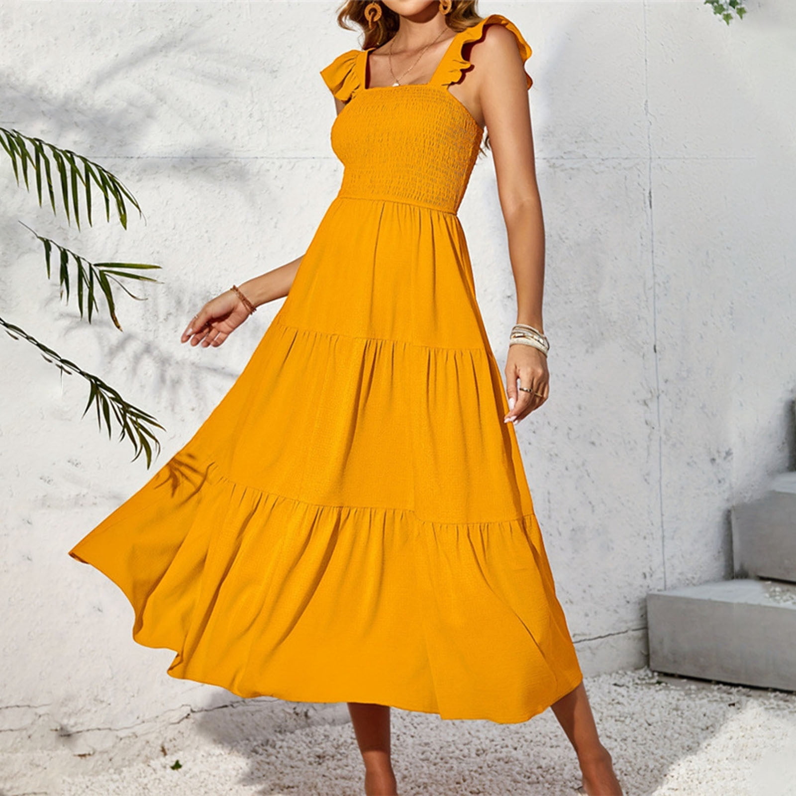 Sakmal Square Neckline Summer Dresses for Women Yellow Long Sleeveless Pleated Solid Ruffle A-Line Dress