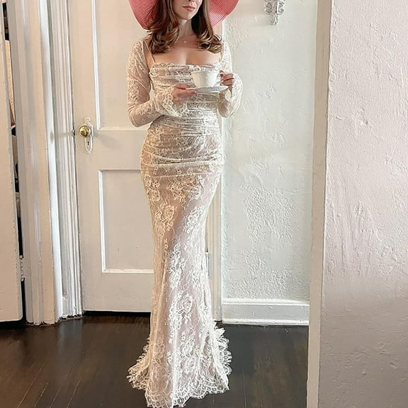Sakmal Square Neckline Sun Dresses for Women 2024 White Maxi Long Sleeve Solid Slim Lace Fit & Flare Dress