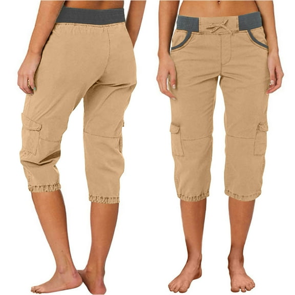 Sakmal Straight Leg Cargo Shorts Women Drawstring Plus Szie High Waisted Capris Solid Yellow Summer Ladies Shorts with Pockets