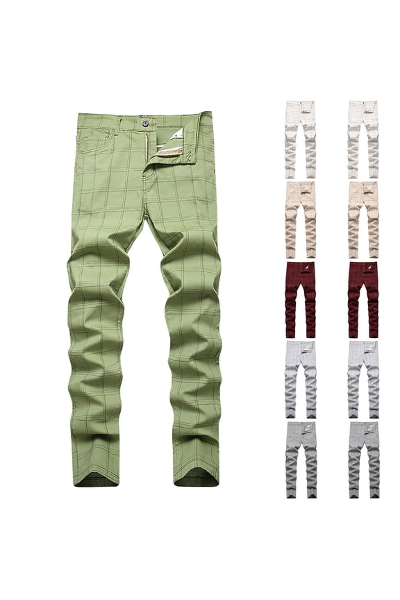 Straight Leg Khaki Pants Men Work Cotton Trousers Regular Lightweight Plaid Beige Mens Chino Pants L