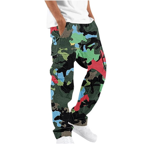 Sakmal Straight Leg Mens Cargo Pants Drawstring Elastic Waist Green Camo Relaxed Fit Multi Pockets Pants for Men XL