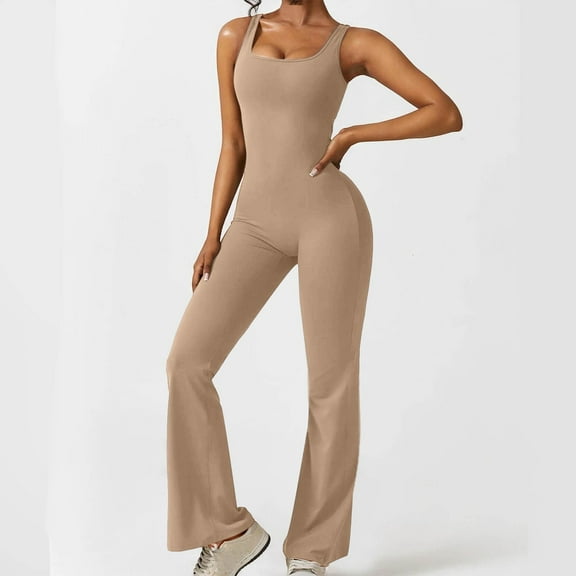 Sakmal Straight Leg One Piece Jumpsuits for Women Workout Solid Yoga Gym Overalls Yellow Full Sleeveless Square Neck Pants for Women