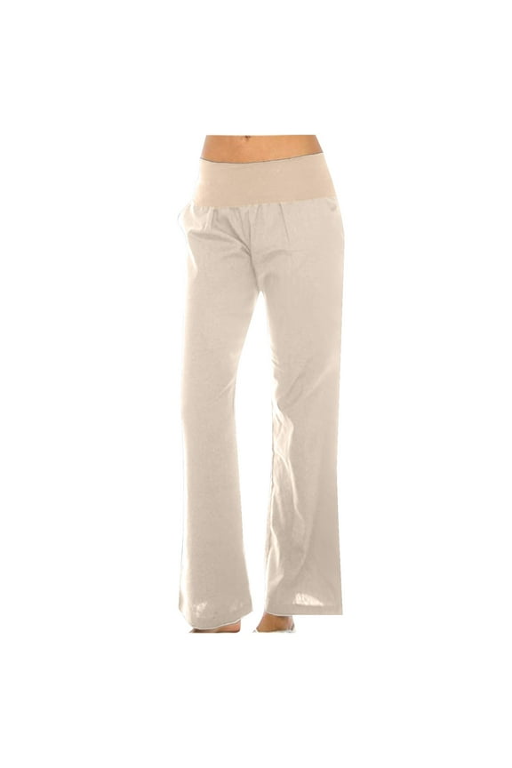 Straight Leg Pants Women Khakis Comfy Cotton Linen Casual Plain Full Length Yellow Mid Rise Pants with Pockets
