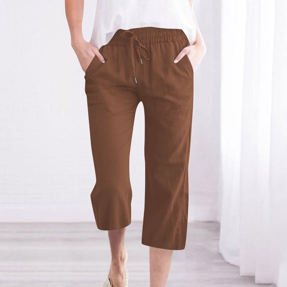Sakmal Straight Leg Pants for Women Brown Plus Size Stretchy Cotton Linen Leggings Drawstring Solid High Waisted Cropped Capris