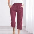 thumbnail image 1 of Sakmal Straight Leg Pants for Women Plus Size Cotton Linen Stretchy Red Trousers Cropped High Waisted Drawstring Solid Capris, 1 of 6
