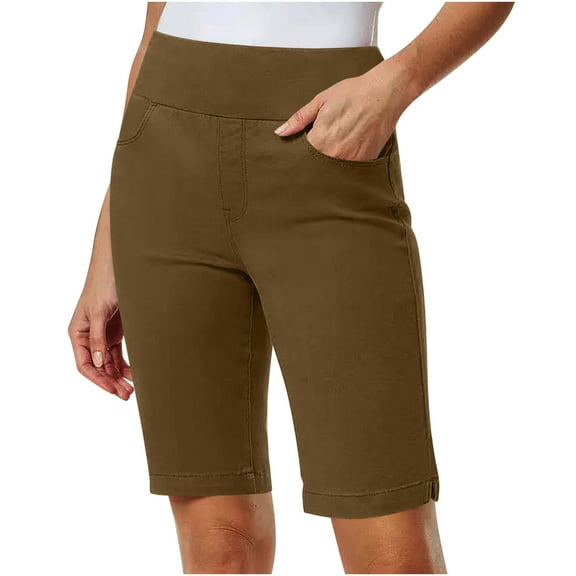 Sakmal Straight Leg Shorts for Women Bermuda Plus Size Knee Length Solid Elastic Waist Brown Shorts for Women with Pockets