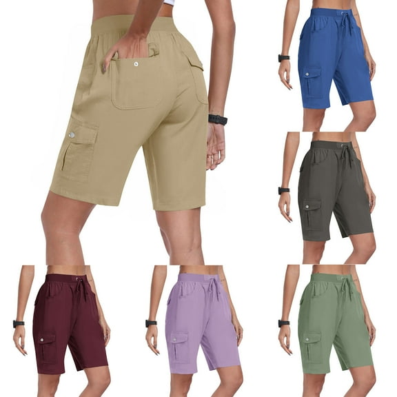 Sakmal Straight Leg Women Khaki Shorts Cargo Knee Length High Waisted Beach Vacation Solid Blue Shorts for Women with Pockets