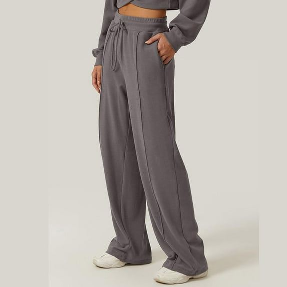 Sakmal Straight Leg Women's Pants Pleated Drawstring Sweatpants Full Length High Waisted Solid Gray Pants with Pockets