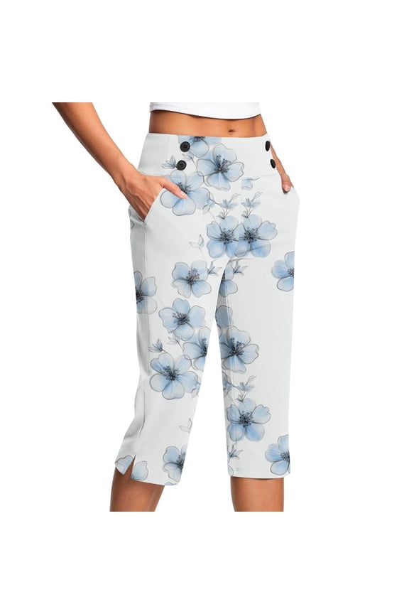 Straight Leg Women's Shorts High Waisted Plus Szie Capris Stretchy Floral Ladies Shorts with Pockets