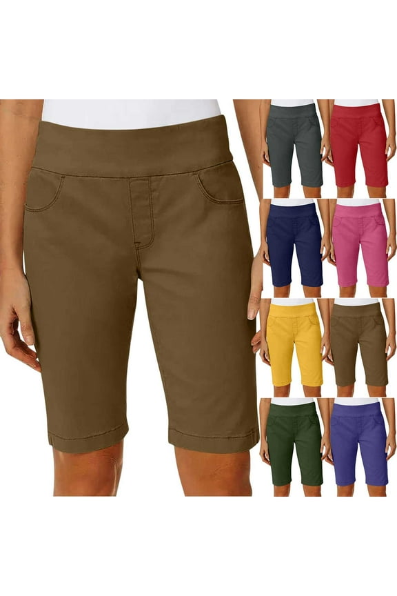 Straight Leg Women's Shorts Knee Length Plus Size Bermuda Solid Summer Brown Shorts for Women with Pockets