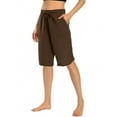 thumbnail image 1 of Sakmal Straight Leg Womens Cotton Linen Shorts Plus Size Bermuda Knee Length Trendy Solid Brown Ladies Shorts with Pockets, 1 of 5