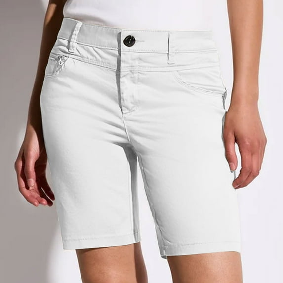 Sakmal Straight Leg Womens Khaki Shorts Knee Length Plus Size Work Chino White Solid Casual Shorts for Women with Pockets