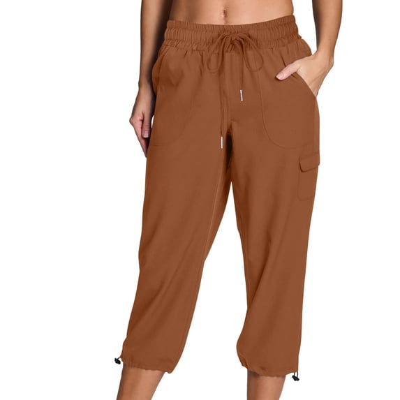 Sakmal Straight Leg Womens Pants Drawstring Cuffs Brown Lightweight Leggings Cropped High Waisted Solid Drawstring Capris