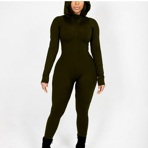 Sakmal Stretchy Jumpsuits for Women Athletic Gym Solid Slim Leg Overalls Hooded Green Sleeveless Long Pants with Pockets