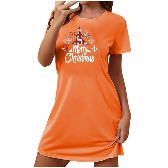 Sakmal Stretchy Moomoo Nightgowns for Women Orange Ultra-Soft Plus Size Christmas Sleep Dress Crew Neck Short Short Sleeve Merry Christma Print Nightgowns S-2XL