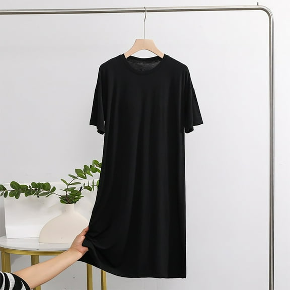 Sakmal Stretchy Moomoo Nightgowns for Women Modal Lightweight Plus Size Black Sleepwear Solid Long Short Sleeve Crew Neck Nightgowns M-XL