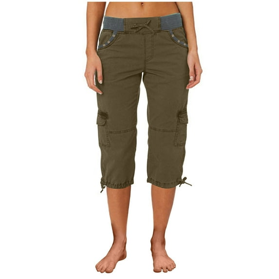 Sakmal Stretchy Pants for Women Cargo Green Cotton Slim Leg Drawstring High Waisted Cropped Solid Capris