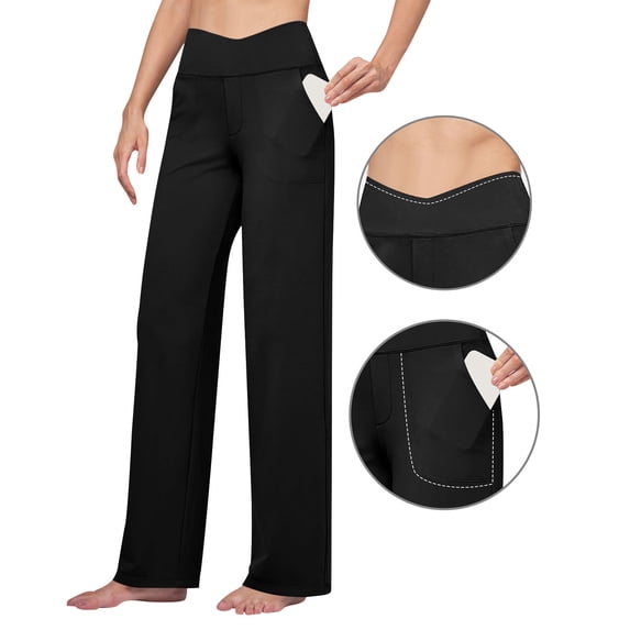 Sakmal Stretchy Women's Pants Gym Yoga Straight Leg Pleated Full Length Black High Waisted Solid Pants with Pockets