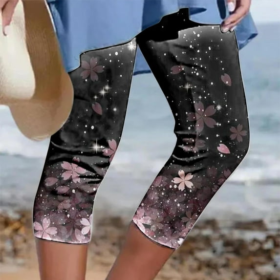 Sakmal Stretchy Womens Capris Purple Yoga Slim Leg High Waisted Cropped Floral Capris with Pockets