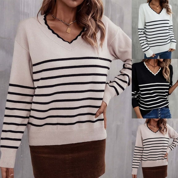 Sakmal Striped Ladies Sweaters Crop Black V Neck Streetwear Sweaters for Women L