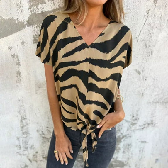 Sakmal Striped Shirts for Women Tie Front V-Neck Short Sleeve Shirts T-Shirts Tops for Women Trendy