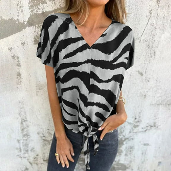 Sakmal Striped T-Shirts Womens V-Neck Tie Front Short Sleeve Shirts T-Shirts Tops for Women Trendy