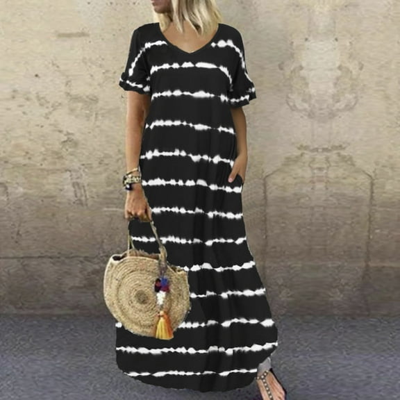 Sakmal Striped Trendy Dresses for Women 2024 Dresses Black Maxi Casual Short Sleeve V-Neck Plus Size Ladies Dresses