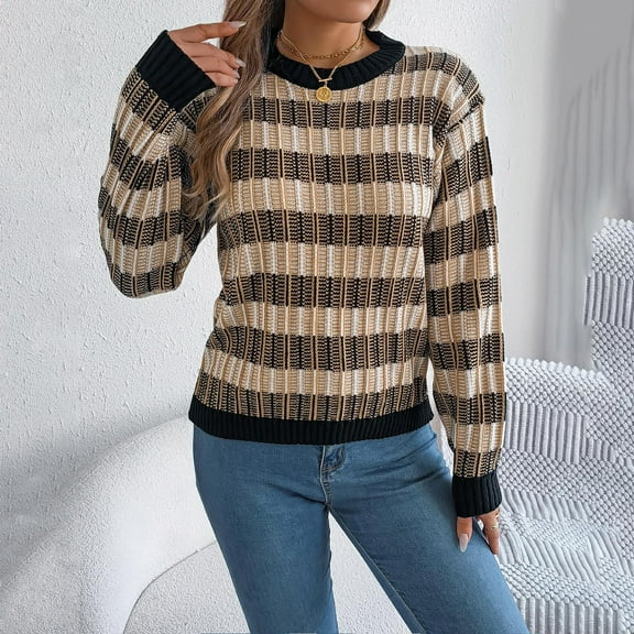 Sakmal Striped Woemns Sweaters Black Pullover Teacher Tops Crew Neck Fashion Long Sleeve Sweaters for Women
