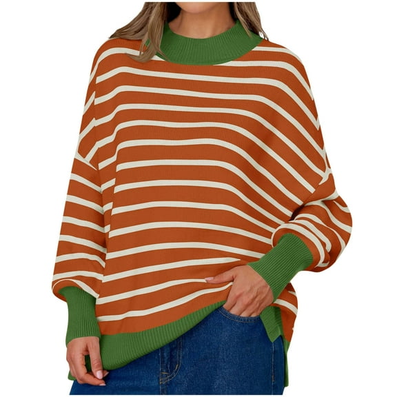 Sakmal Striped Woemns Sweaters Pullover Orange Lightweight Tops Fashion Crew Neck Long Sleeve Sweaters for Women
