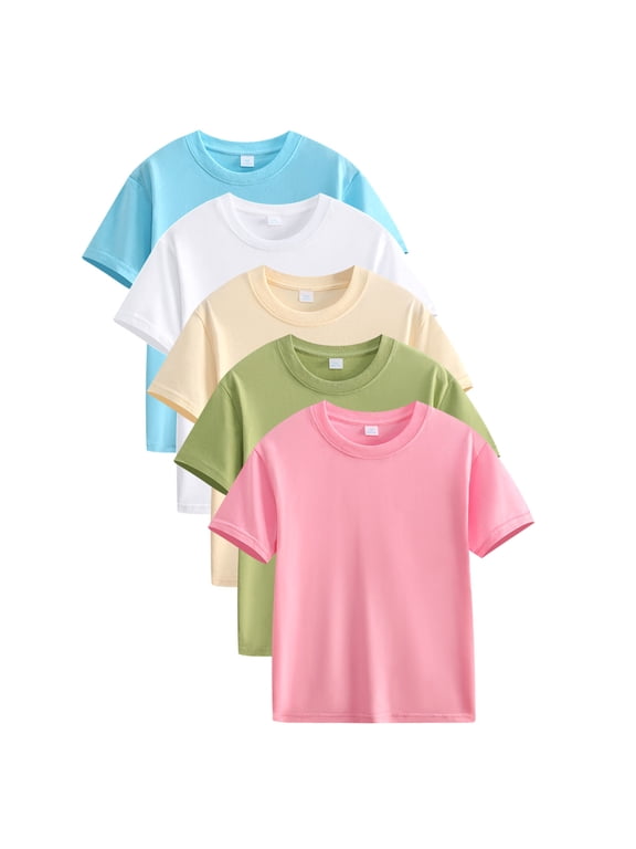 Summer Clothes For Kids 5pc 3-14y Crew Neck Solid Short Sleeve Cotton Childrens Tops