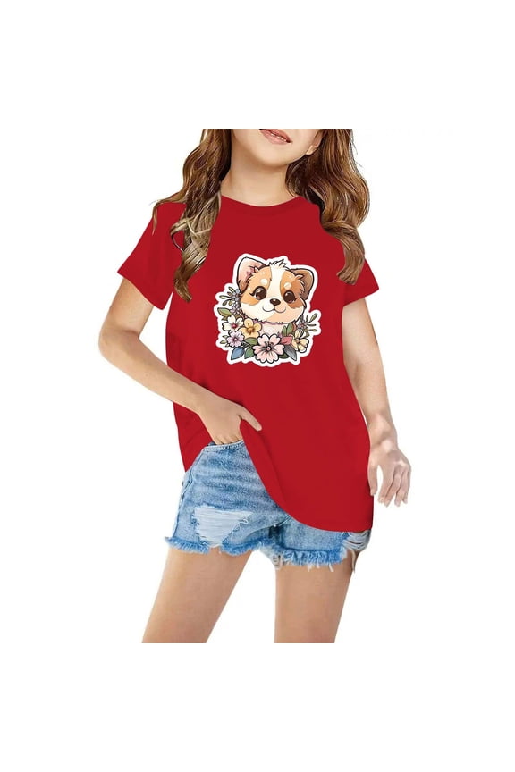 Summer Clothes For Kids Red Cotton Short Sleeve 3-7y Floral Crew Neck Daily Life Kids Tee