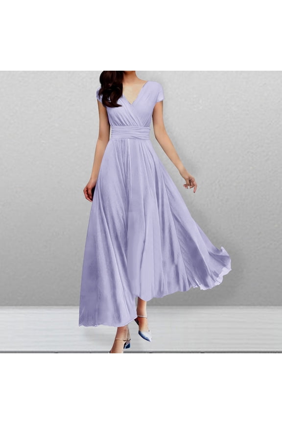 Summer Dresses Evening Maxi Plus Size A Line Dress Short Sleeve V Neck Solid Dresses