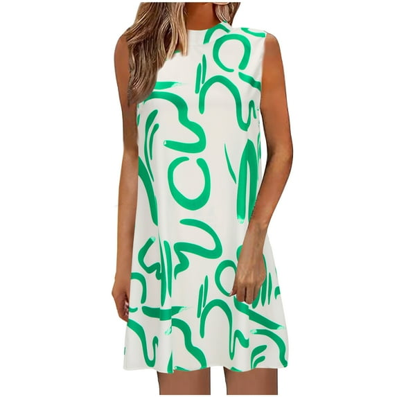 Sakmal Summer Dresses Graphic Pleated Green Comfort Fit Sleeveless Mid-Length Shift Dress