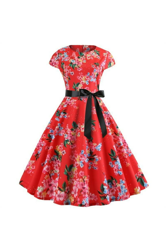 Summer Dresses Mid-Length Crew Neck Red Floral Pleated Sleeveless Vintage Evening Gown A-Line Dress