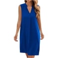 thumbnail image 1 of Sakmal Summer Dresses Mid-Length V-Neck Blue Sleeveless Solid Comfy Loose Fit Shift Dress, 1 of 5