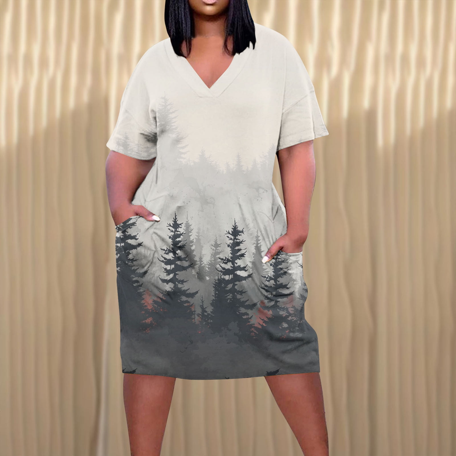 Sakmal Summer Dresses MidLength VNeck with Pocket Loose Fit Graphic