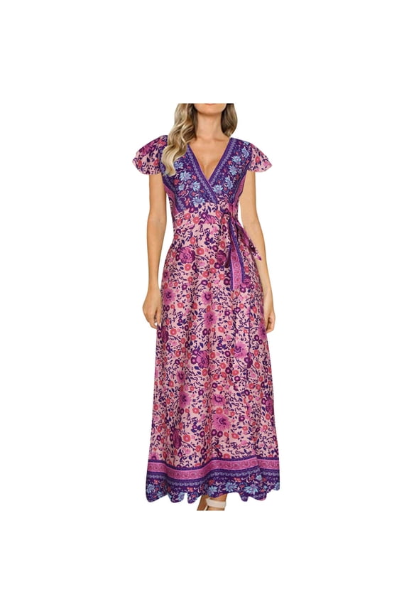 Summer Dresses V-Neck Maxi Purple Boho Sleeveless Graphic A-Line Dress