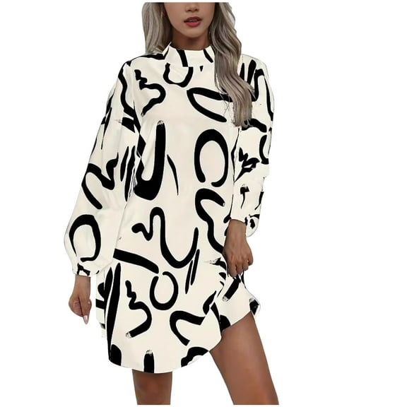 Sakmal Summer Dresses for Women 2024 Pleated Graphic Comfort Fit White Long Sleeve Mid-Length Shift Dress