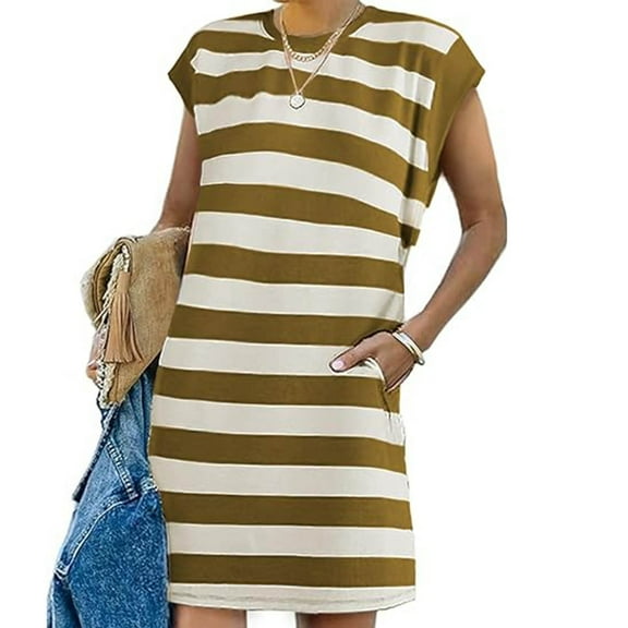 Sakmal Summer Dresses for Women 2024 Trendy Basic Striped Loose Fit Brown Comfort Fit Sleeveless Long Shift Dress