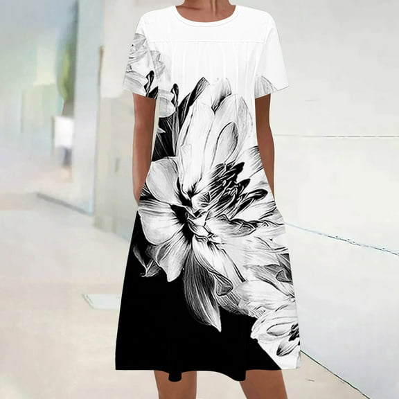 Sakmal Summer Dresses for Women 2024 Trendy Mid-Length White Crew Neck Basic Floral Short Sleeve Shift Dress
