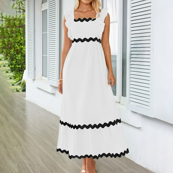 Sakmal Summer Dresses for Women 2024 Trendy Mid-Length White Square Neckline Solid Sleeveless Loose Fit Pleated Ruffle Shift Dress