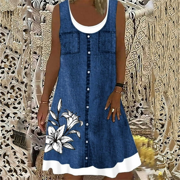 Sakmal Summer Dresses for Women 2024 Vacation Knee Length Shirt Dress Denim Solid with Pocket Loose Sleeveless Womens Skirts