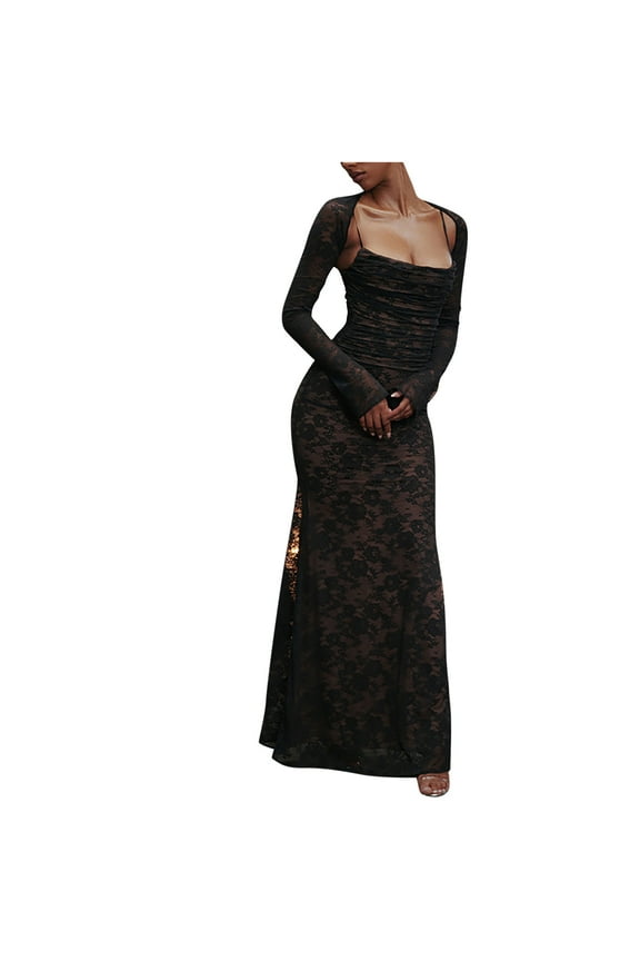 Summer Dresses for Women Under $10 Maxi Black Square Neckline Lace Solid Long Sleeve Slim Fit & Flare Dress