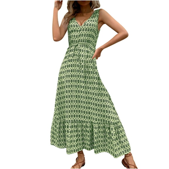 Sakmal Summer Dresses for Women Green V-Neck Maxi Graphic Pleated Sleeveless Ruffle Slip Dress